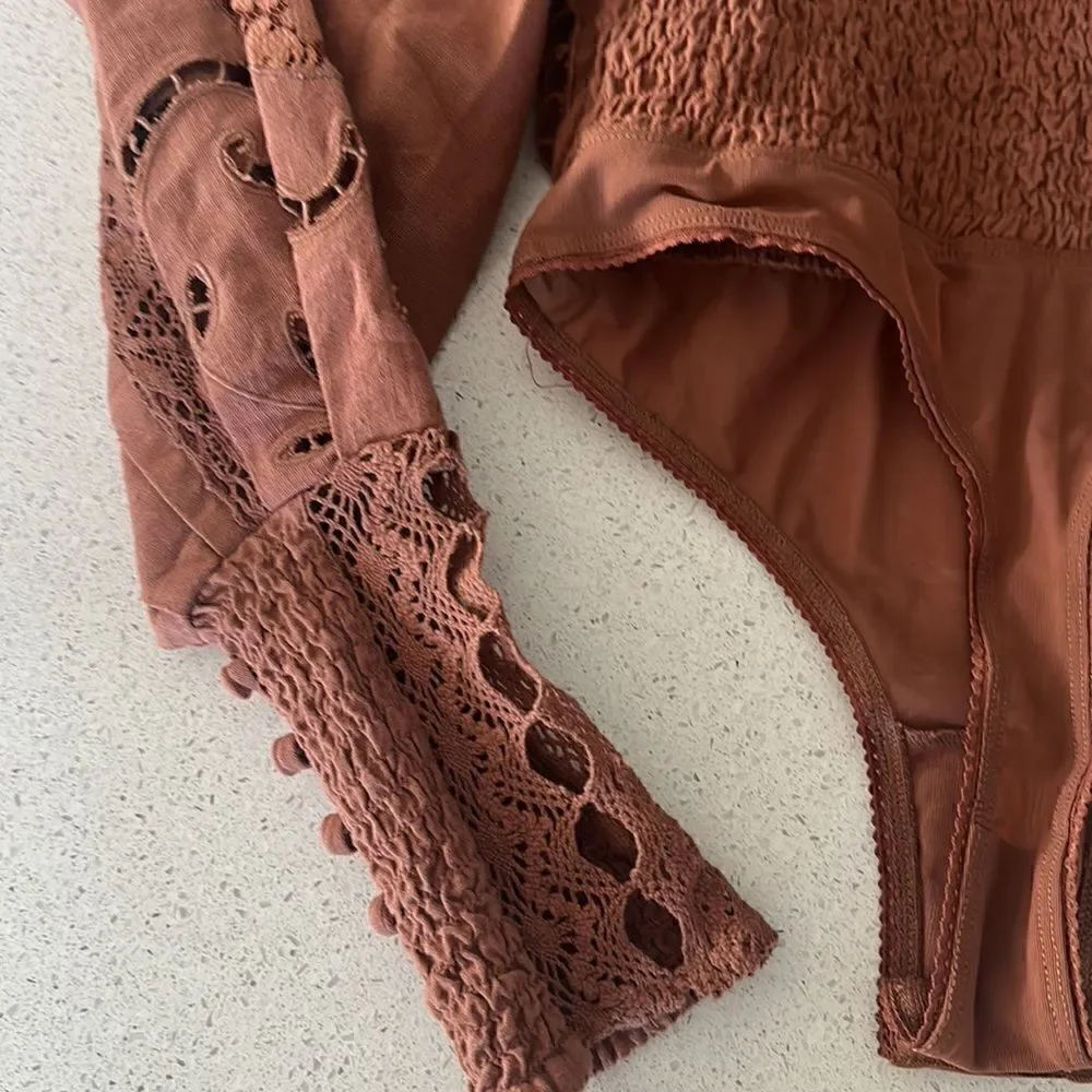 NWOT Free People Regina Bodysuit Top Thong Eyelet Balloon Sleeves Smocked Retro